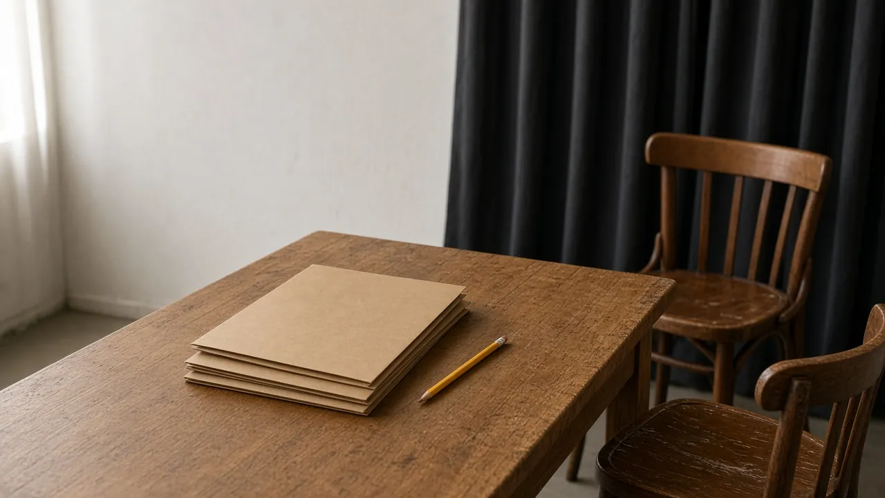 Wooden table with a stack of closed folders, a pencil, and two empty chairs beside a dark curtain