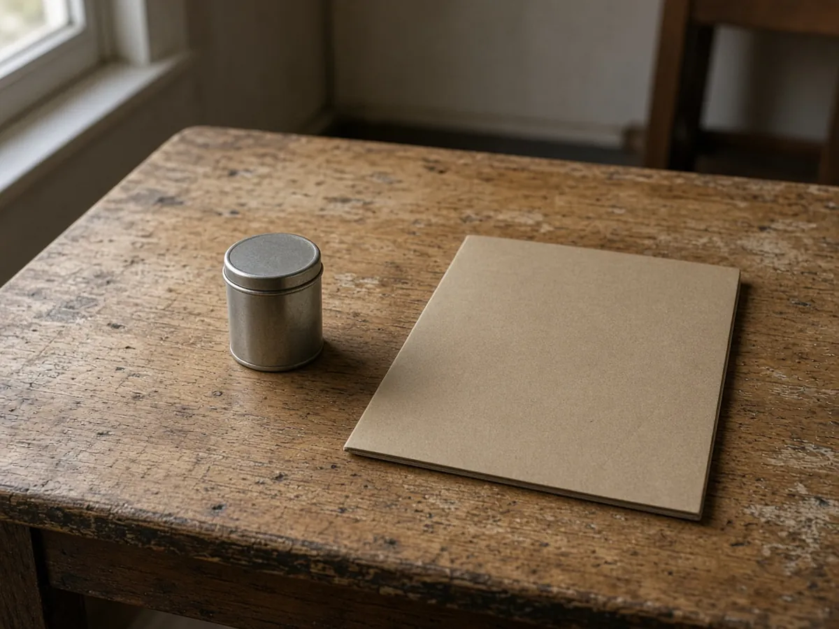 Small metal tin and a closed folder on a worn wooden table