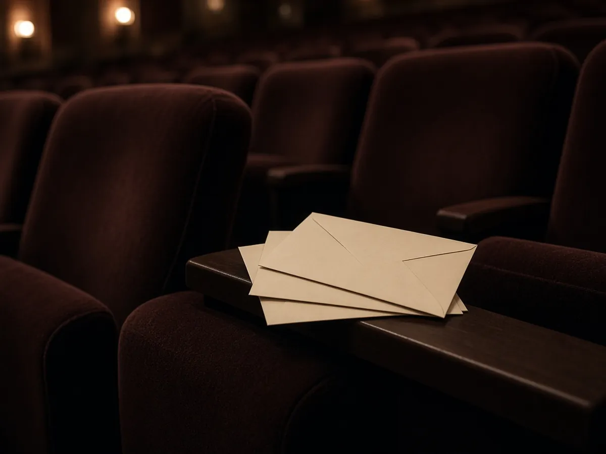 Blank envelopes on the arm of an empty theater seat