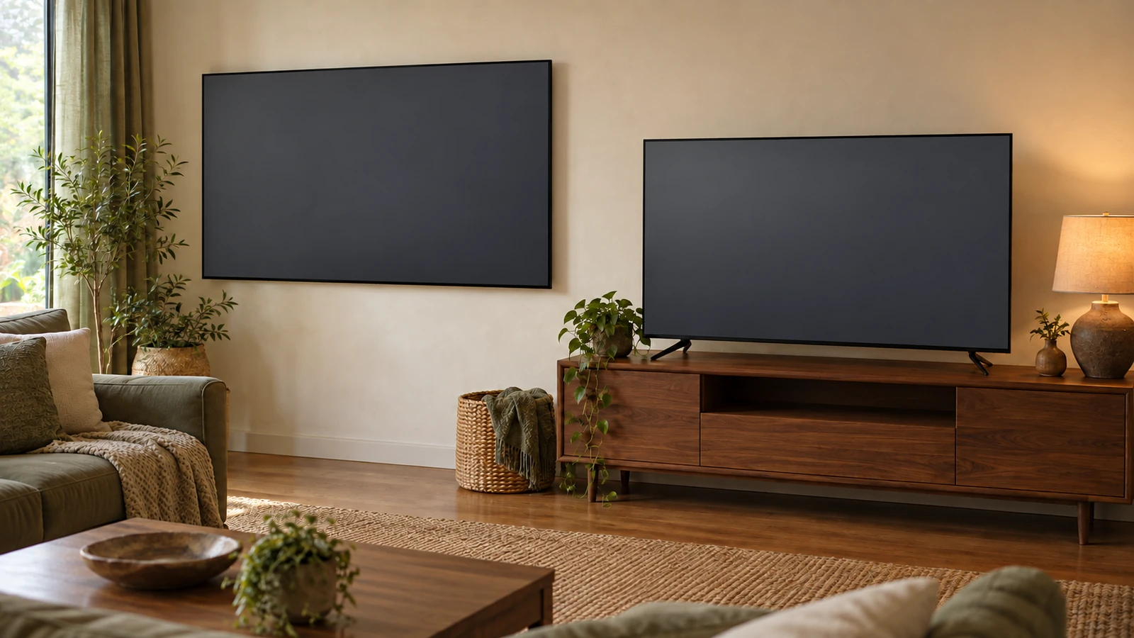Two blank flat-panel screens side by side in a softly lit room, one slim with even bezels and one on a living-room stand