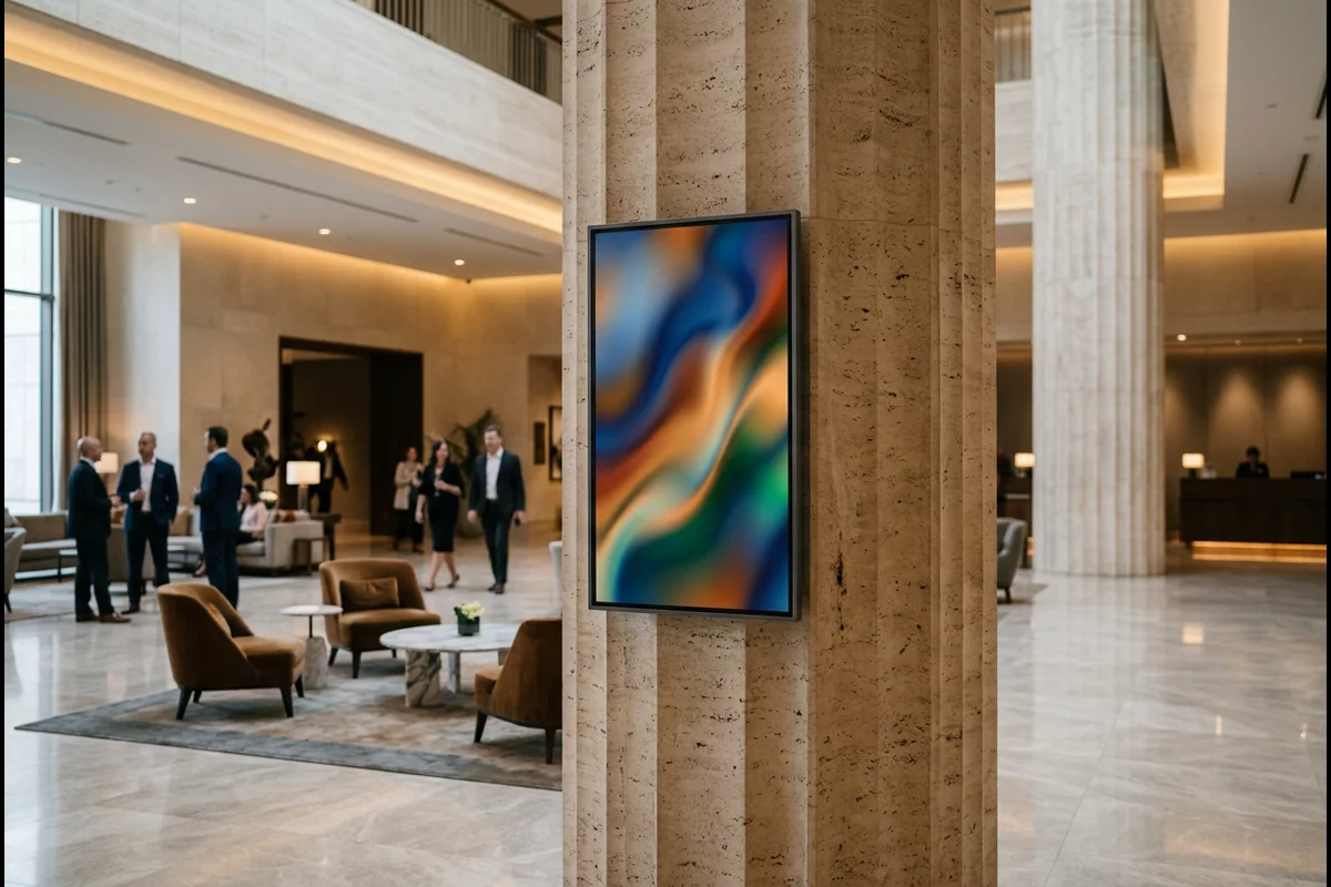 Heavy-duty commercial digital signage screen operating continuously in hotel lobby
