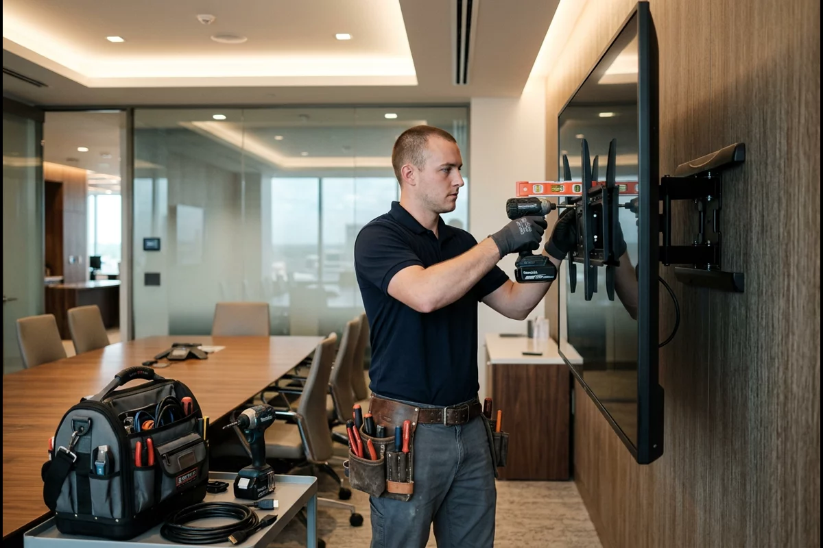 Audio-video technician mounting commercial flat panel display on articulated wall bracket