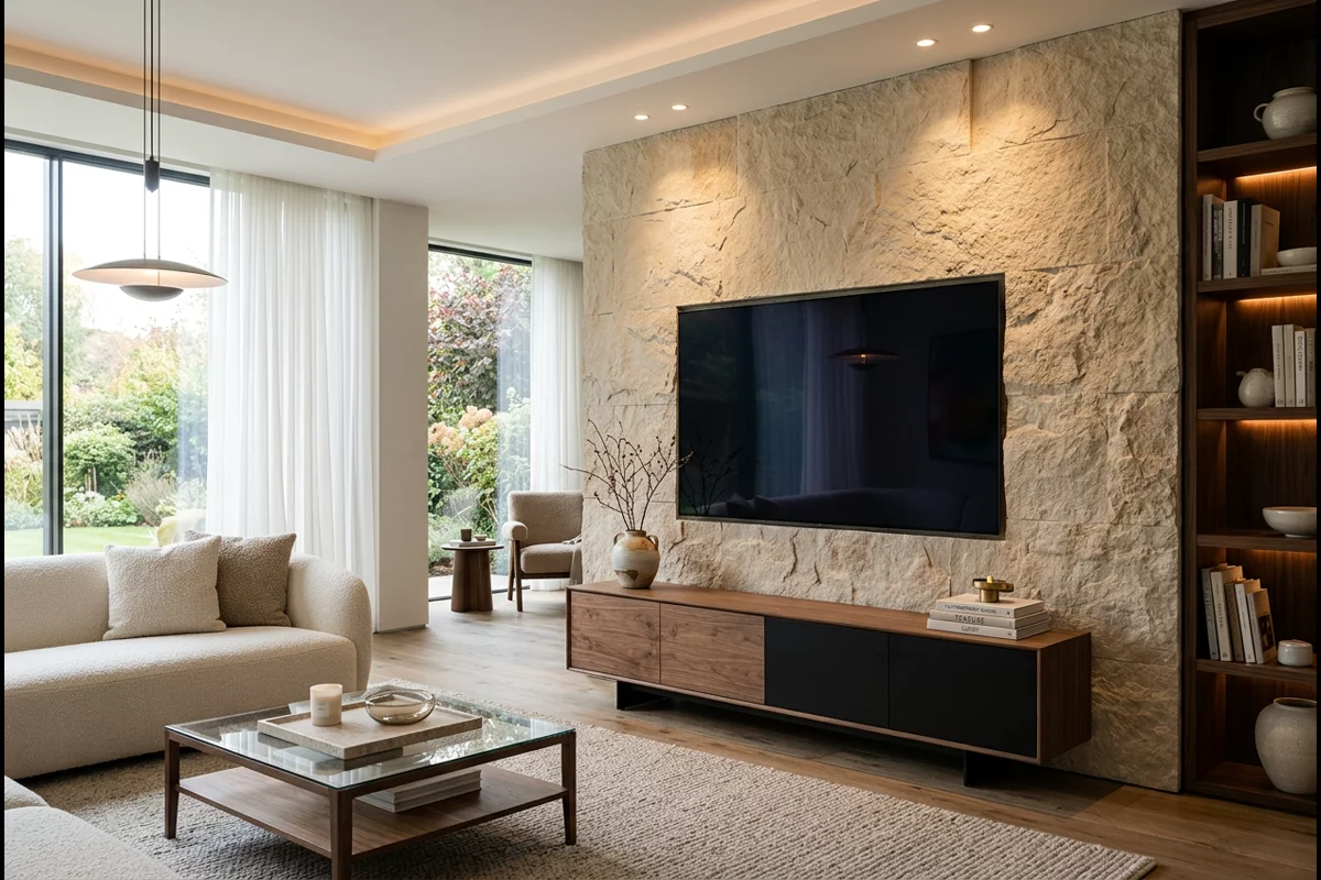 Sleek large-format television display mounted in contemporary luxury living room