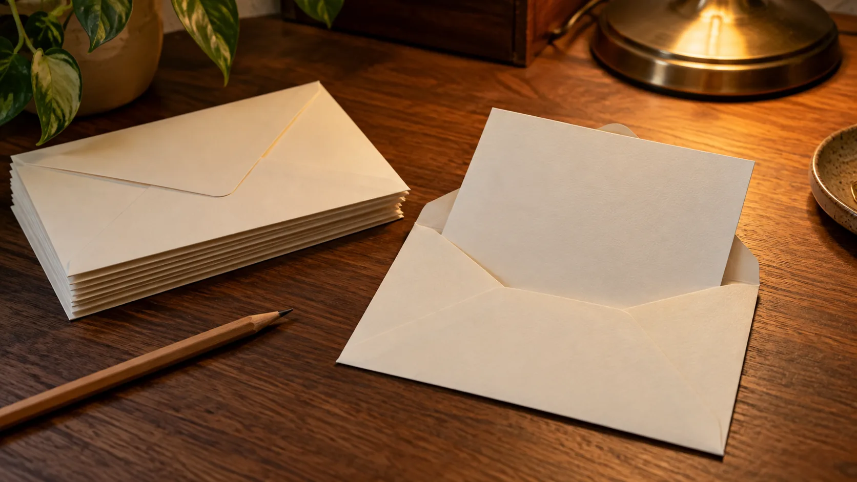 Plain cream envelopes and a blank card on a wooden desk under a warm lamp