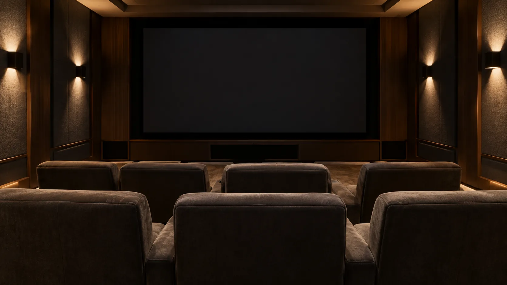 Empty screening-room seats facing a blank dark screen