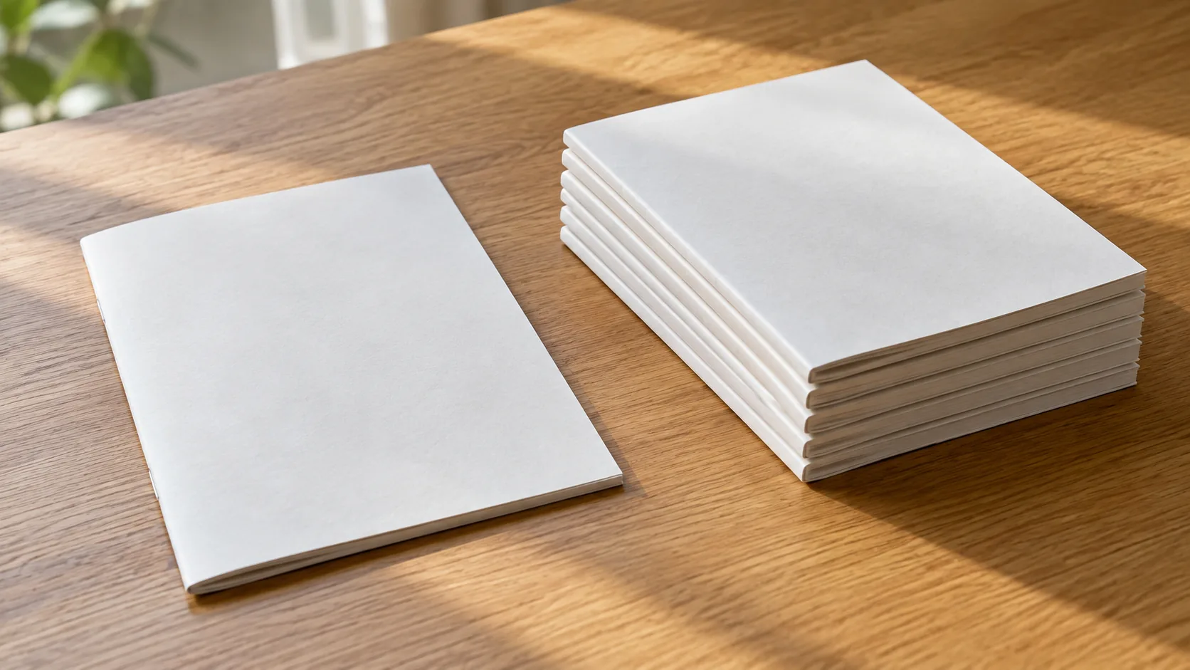 One plain paper booklet beside a stack of six plain paper booklets