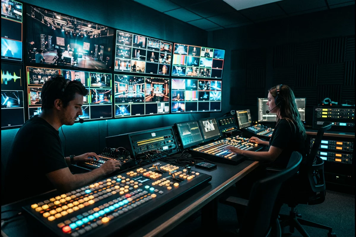 Television broadcast control room production gallery with multi-camera director consoles