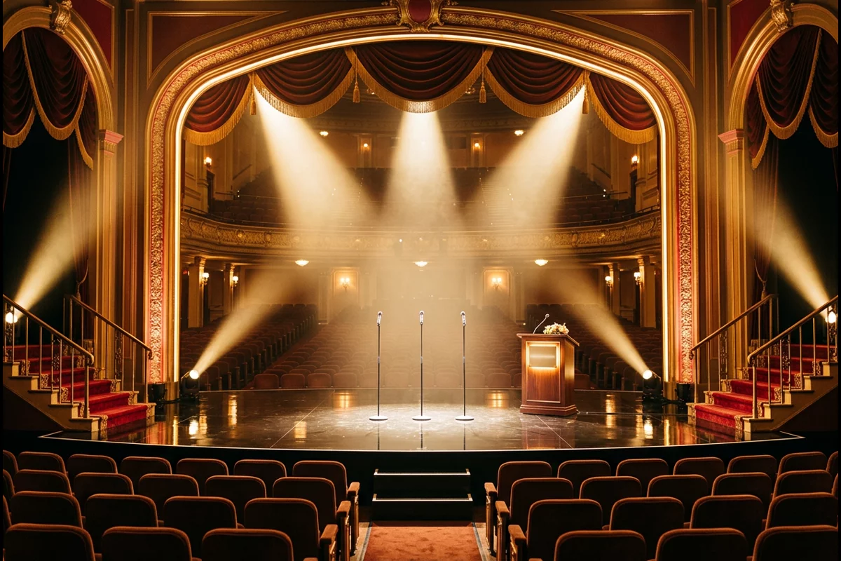 Entertainment awards ceremony stage with theatrical lighting and red carpet stairways