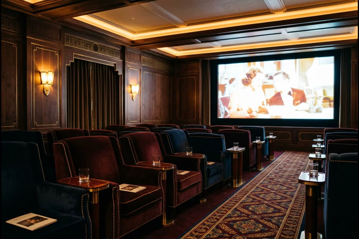 Exclusive academy screening room theater with plush velvet armchairs