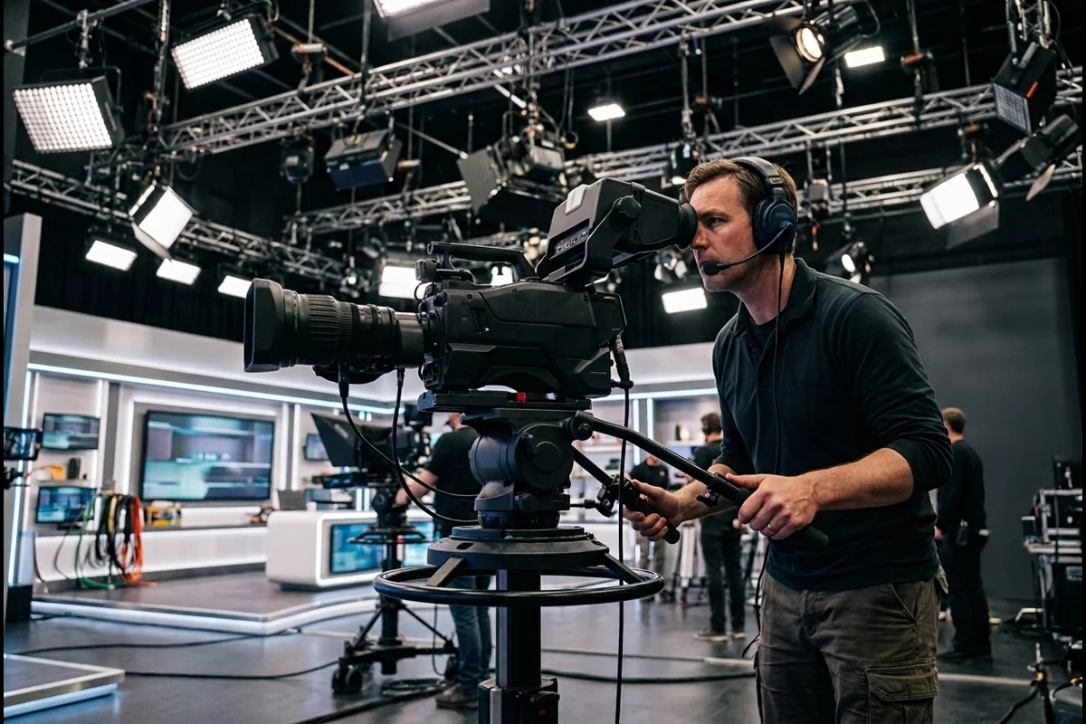 Television studio camera operator framing a shot on broadcast soundstage