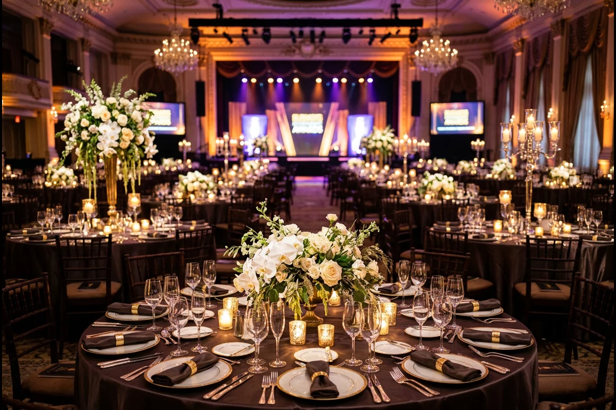 Black-tie gala banquet ballroom prepared for entertainment awards ceremony