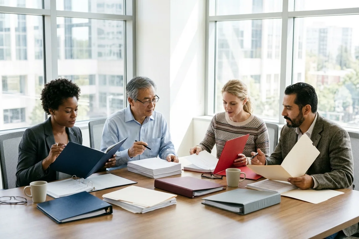 Four eligibility reviewers seated around an office conference table examining unbranded script binders and unmarked ballot sheets