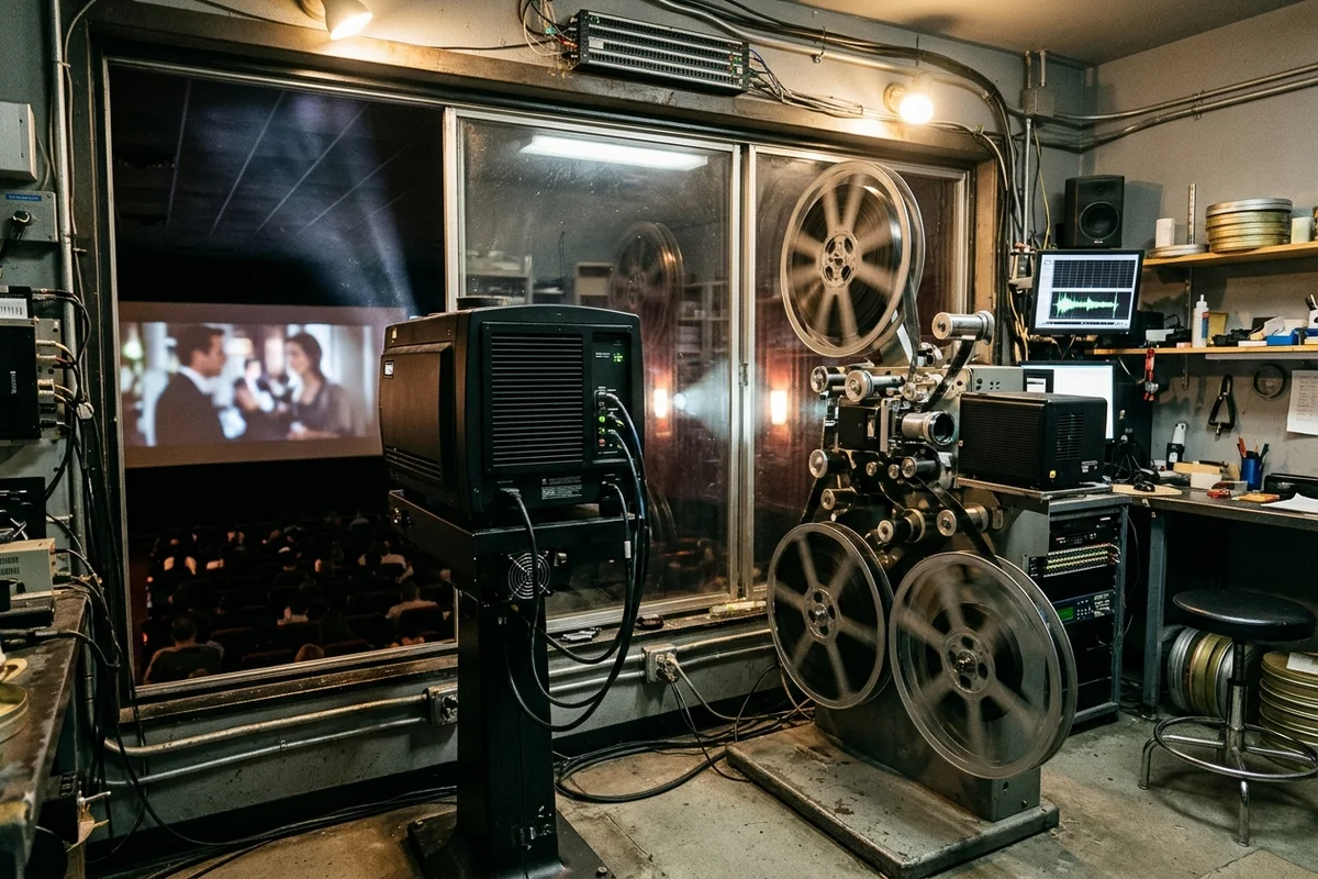 Digital cinema projector and film reel platter inside a commercial movie theater projection booth overlooking auditorium seats