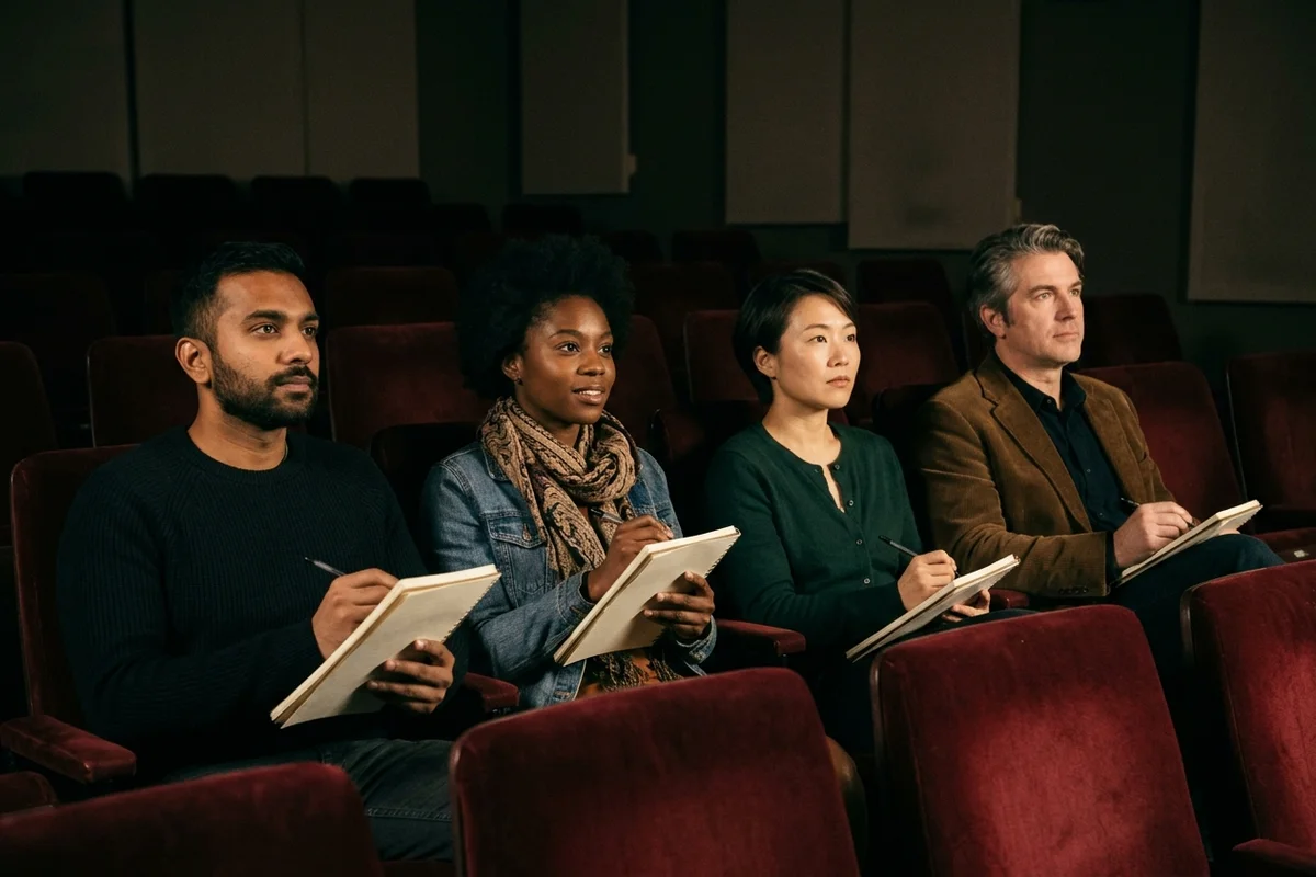Four international entertainment journalists taking notes in notebooks while seated in velvet cinema chairs during a press screening