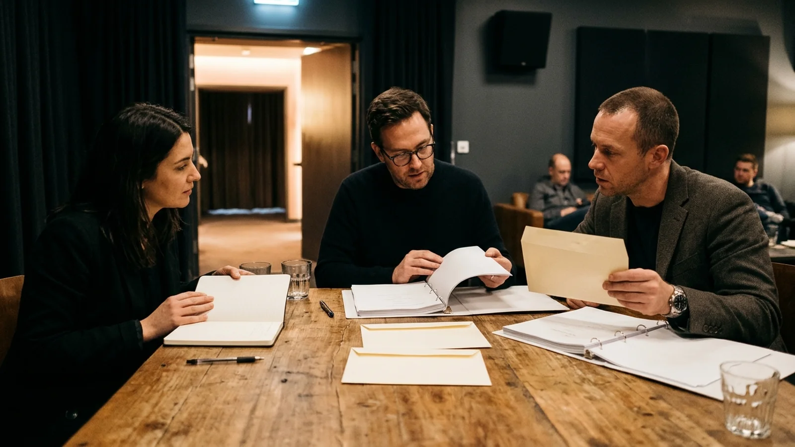 Entertainment journalists and film reviewers examining unmarked envelopes and script binders at a wooden table outside a screening room