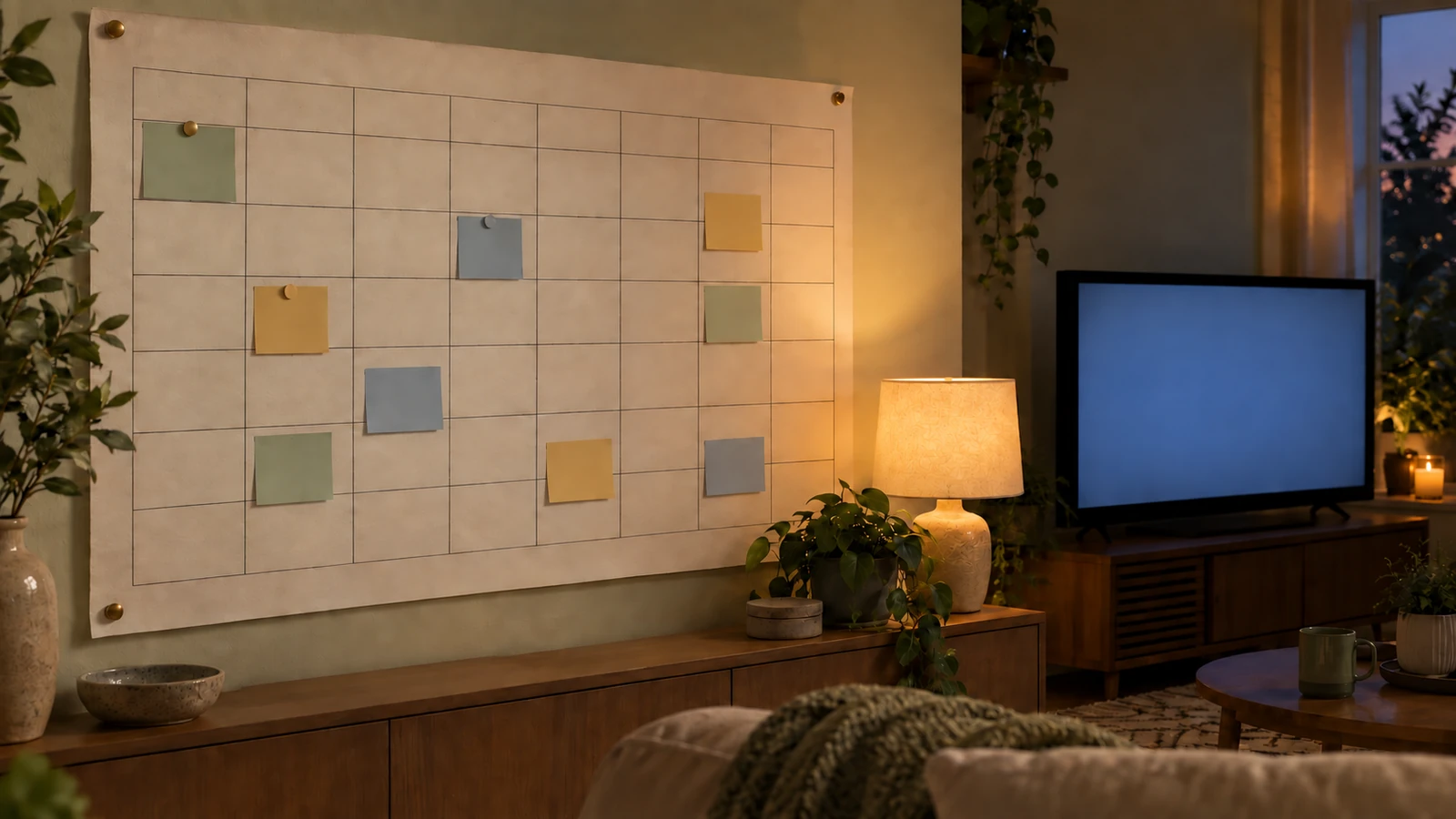 Wall planner with blank colored schedule blocks and pins beside a television glowing in a dim living room at dusk