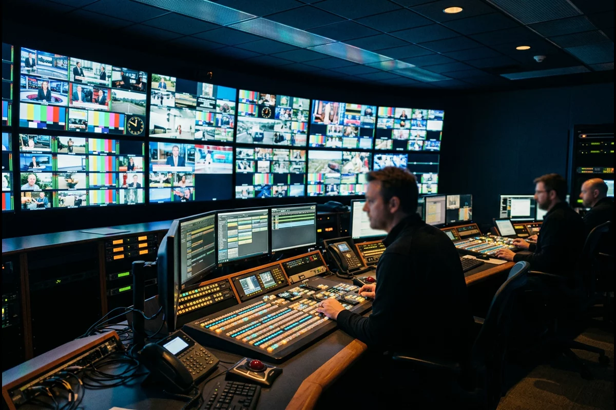 Television network master control room with broadcast switchers and monitor wall