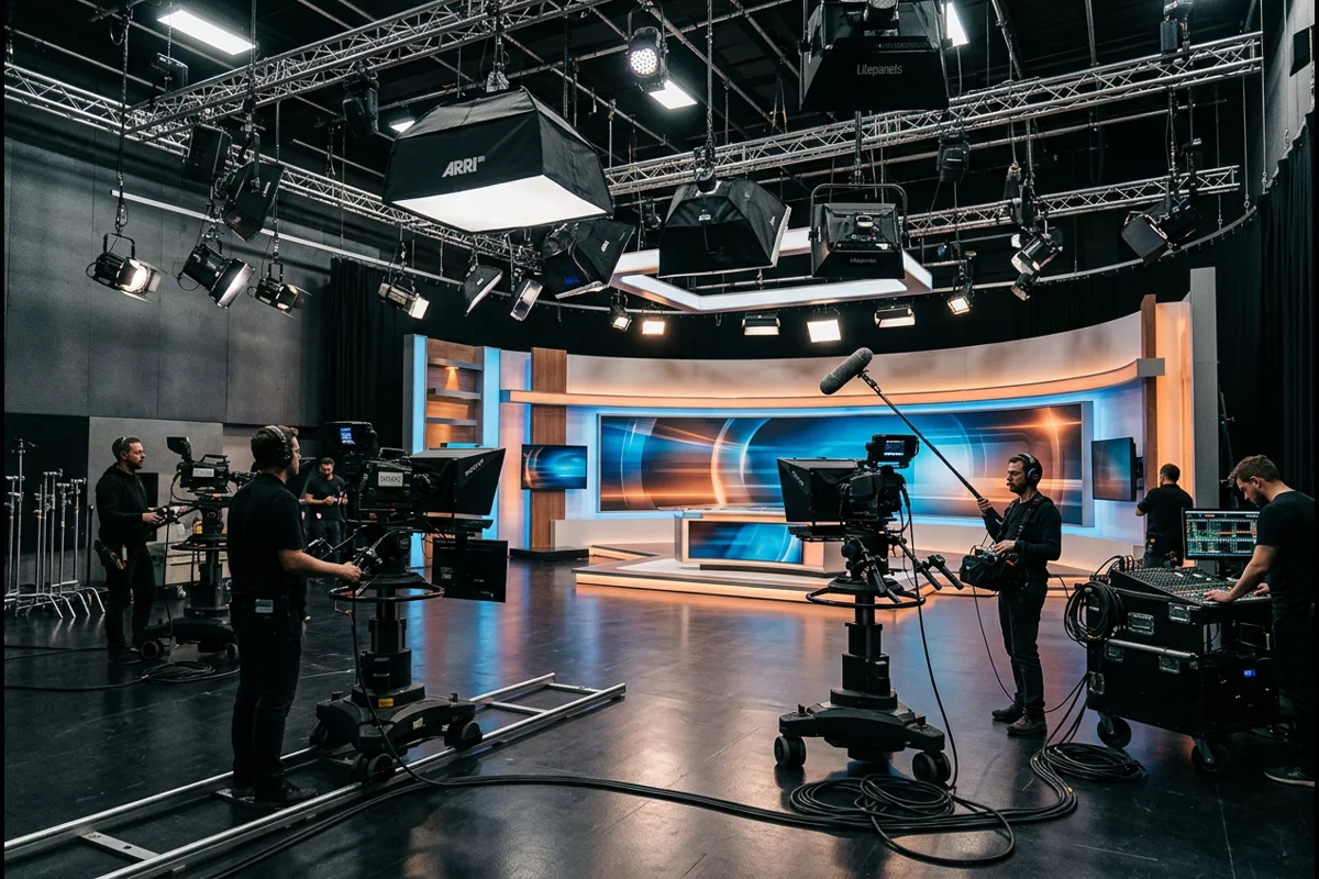 Television studio soundstage production set with overhead lighting trusses and cameras