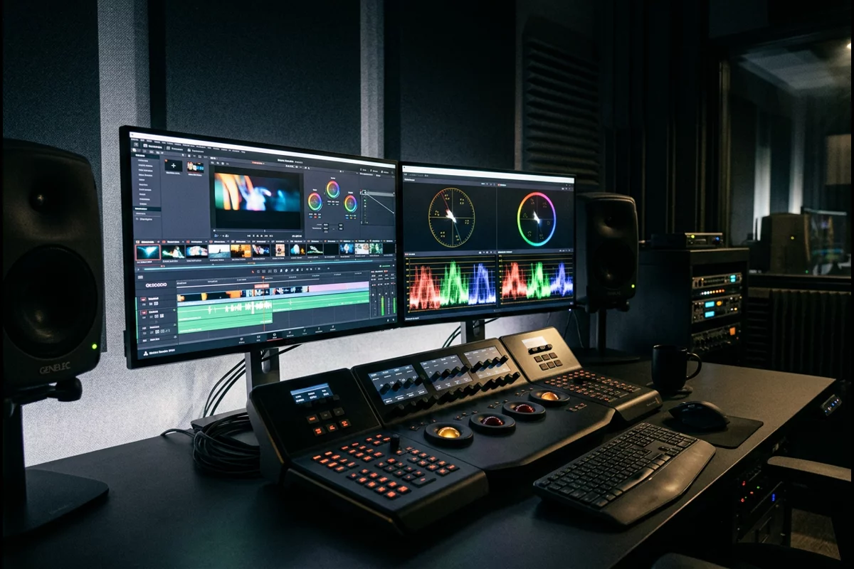 Professional video editing suite with color-calibrated monitors and waveform scopes
