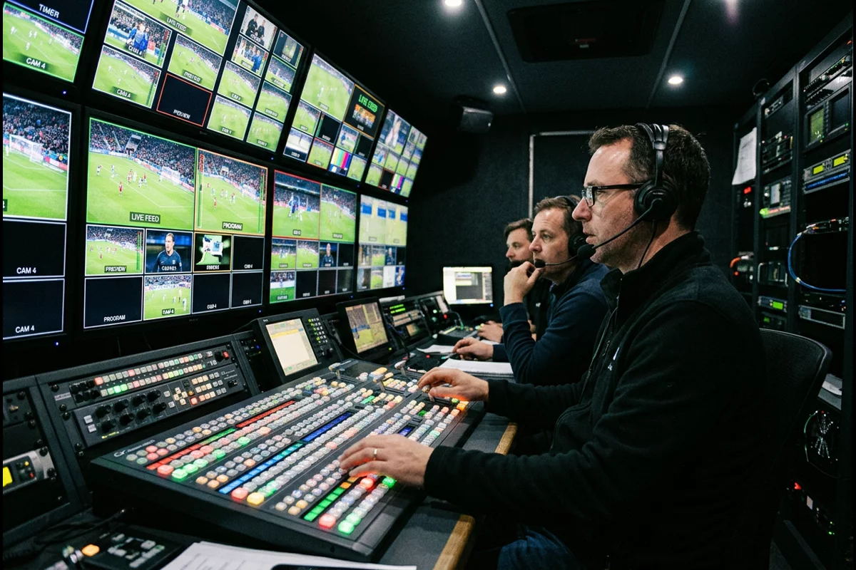 Outside broadcast OB television production truck interior with technical directors