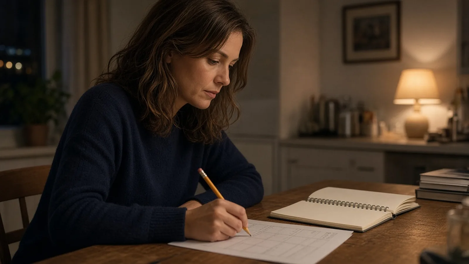 Illustration of a viewer at a home table checking a printed date grid beside an open notebook