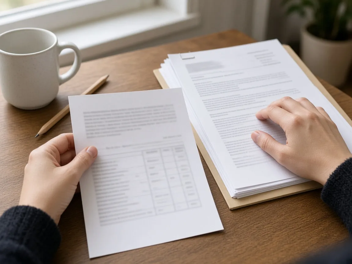 Illustration of hands comparing a printed date list with a packet of pages on a wooden desk