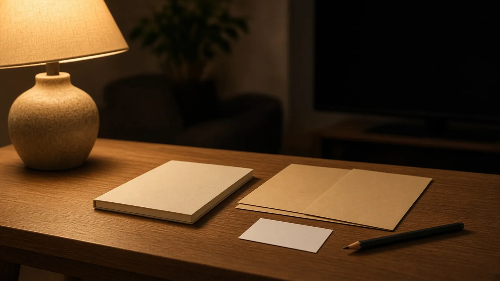 Lamp-lit wooden table with a closed booklet, two plain folders, a blank card and a pencil, and a dark television in the background