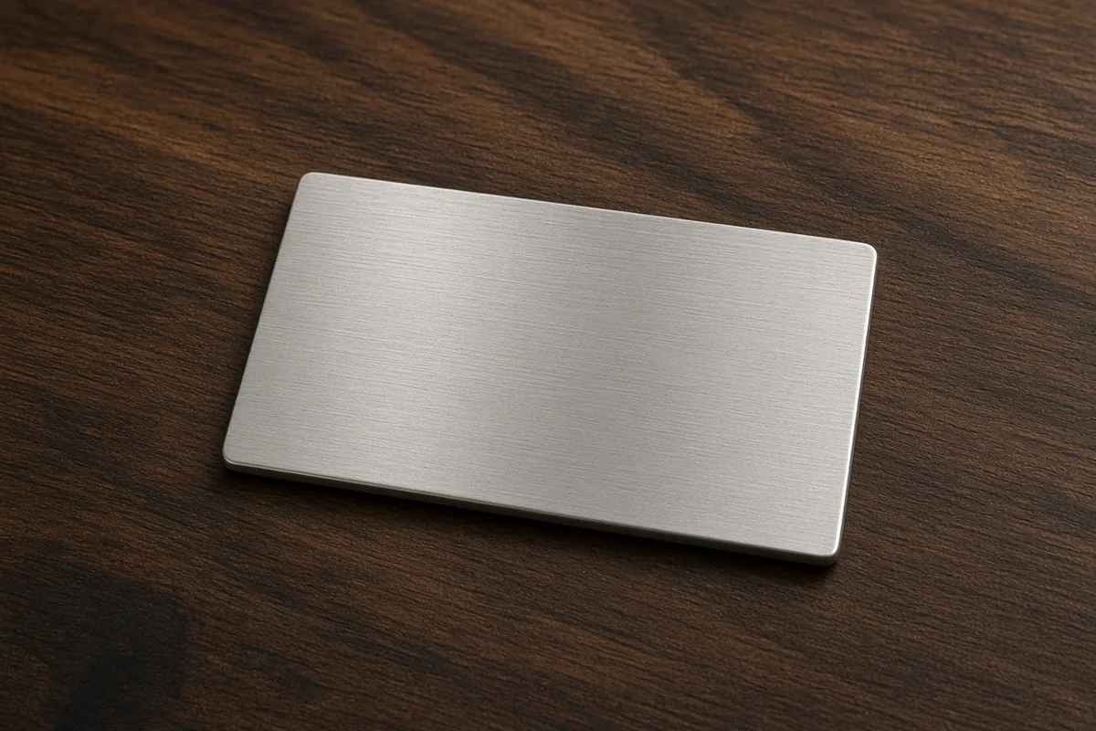 Blank brushed-metal nameplate on a dark wood table