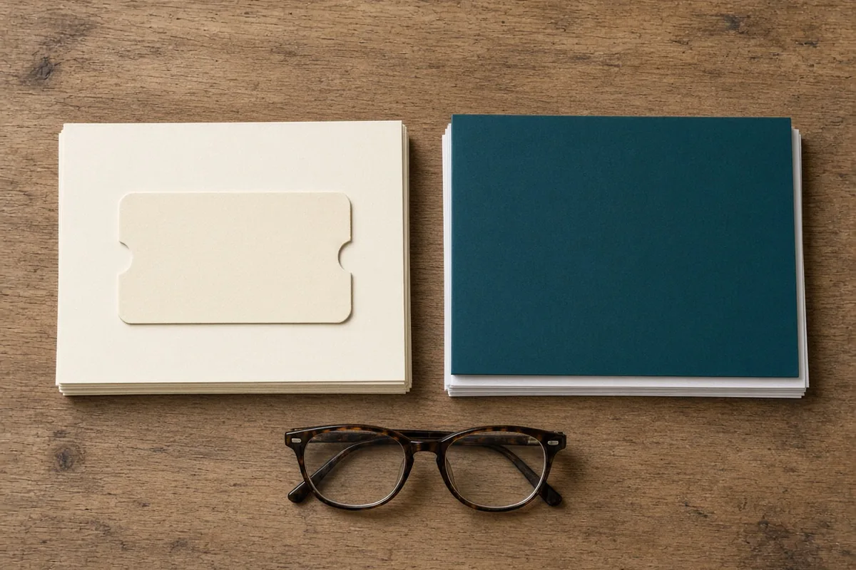 Two unlabeled stacks of paper on a wooden desk, one with a blank ticket-shaped card and one with a solid teal cover, beside reading glasses