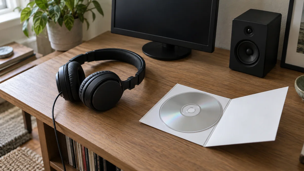 Headphones and a compact disc in a plain sleeve on a desk below a dark monitor