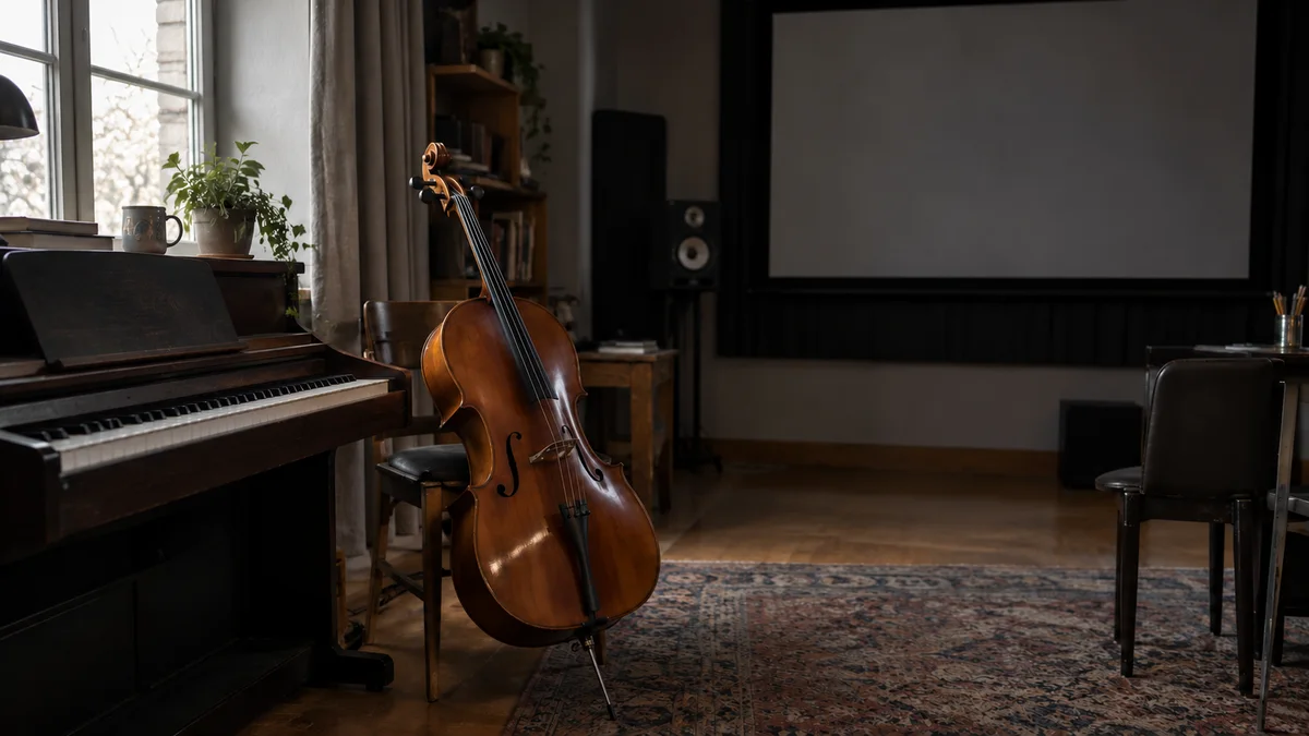 Cello beside a piano and a blank projection screen in an empty room