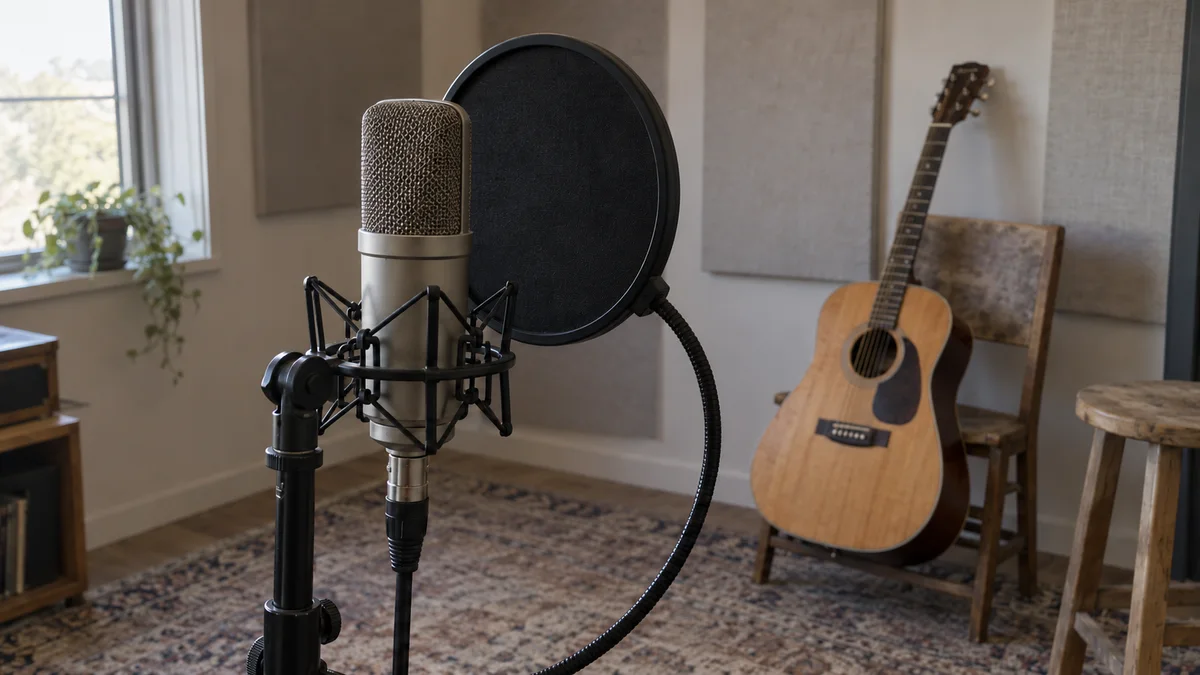 Microphone and round pop filter with an acoustic guitar behind them