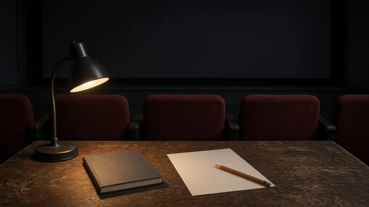 Wooden desk with a blank page, a closed notebook, and a pencil, facing empty seats and a dark screen