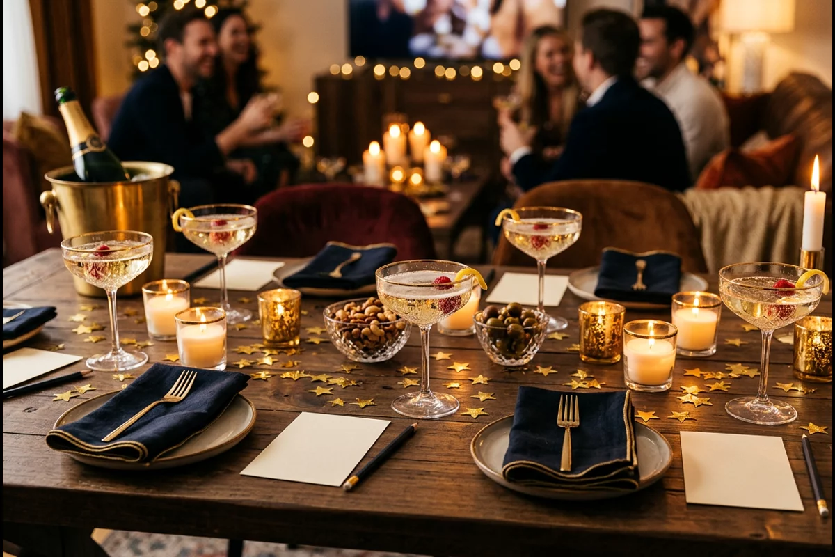 Home entertaining party table with ballots, gold star confetti, and cocktail glasses