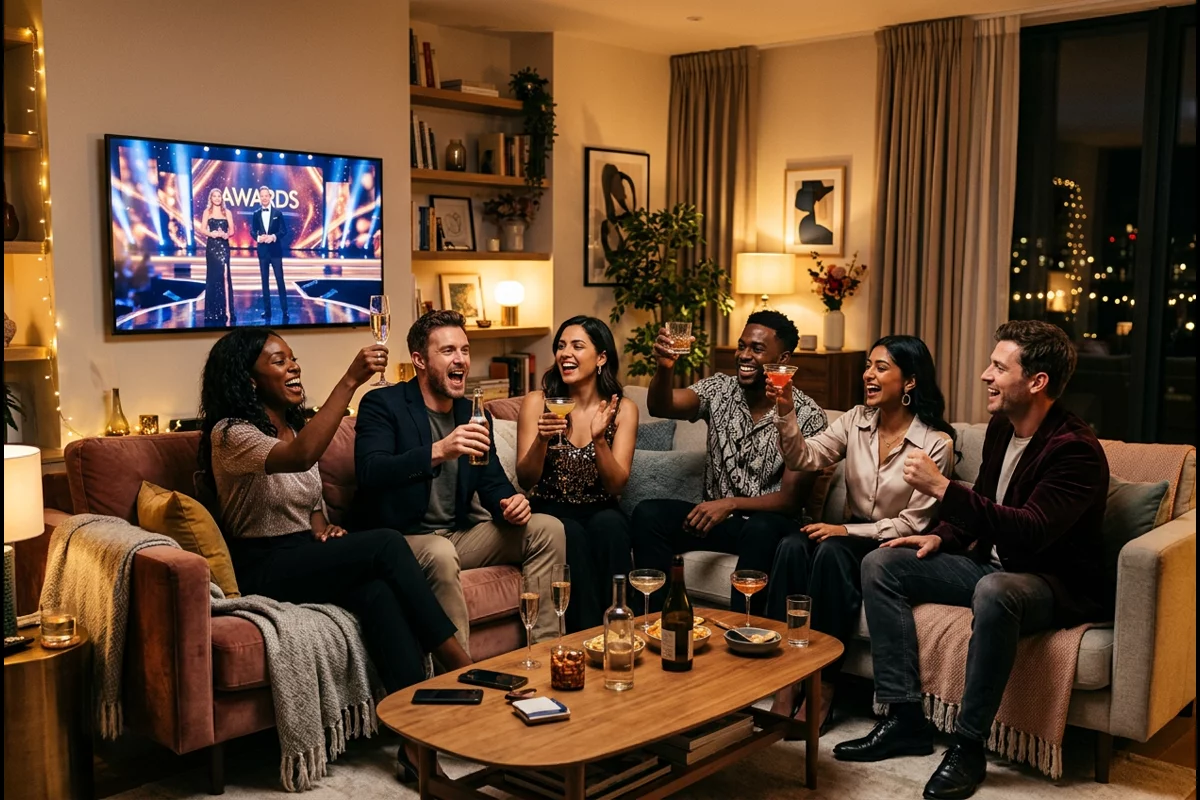 Group of friends watching an awards show broadcast on large living room TV