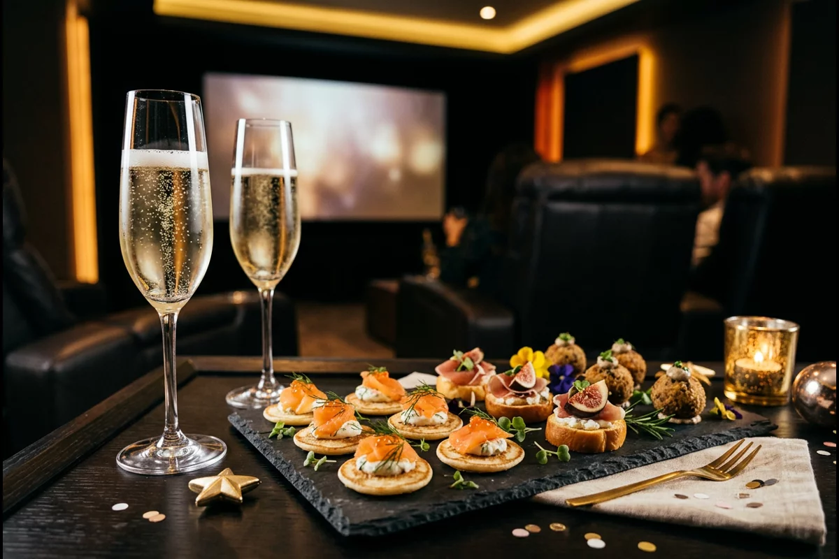 Champagne flutes and gourmet canapes on coffee table in modern home theater