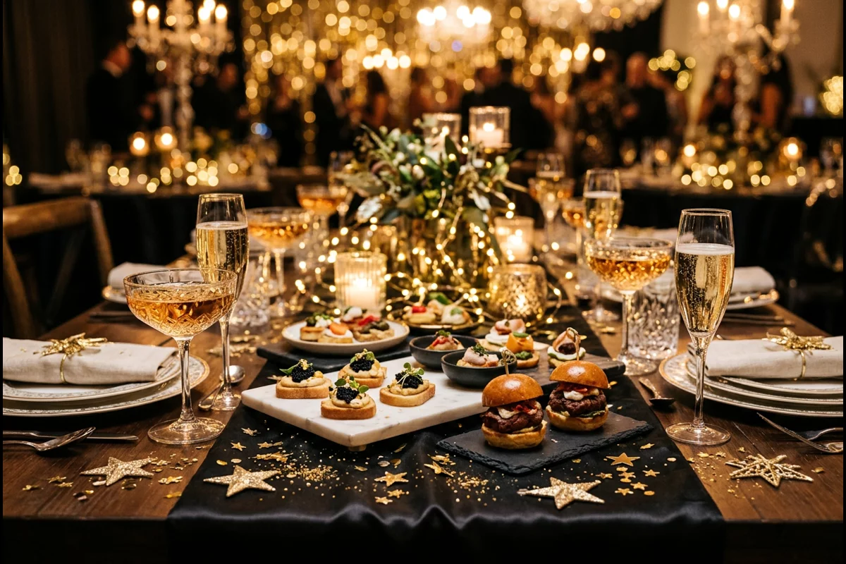 Glamorous Hollywood awards party table setting with golden star decor and coupes