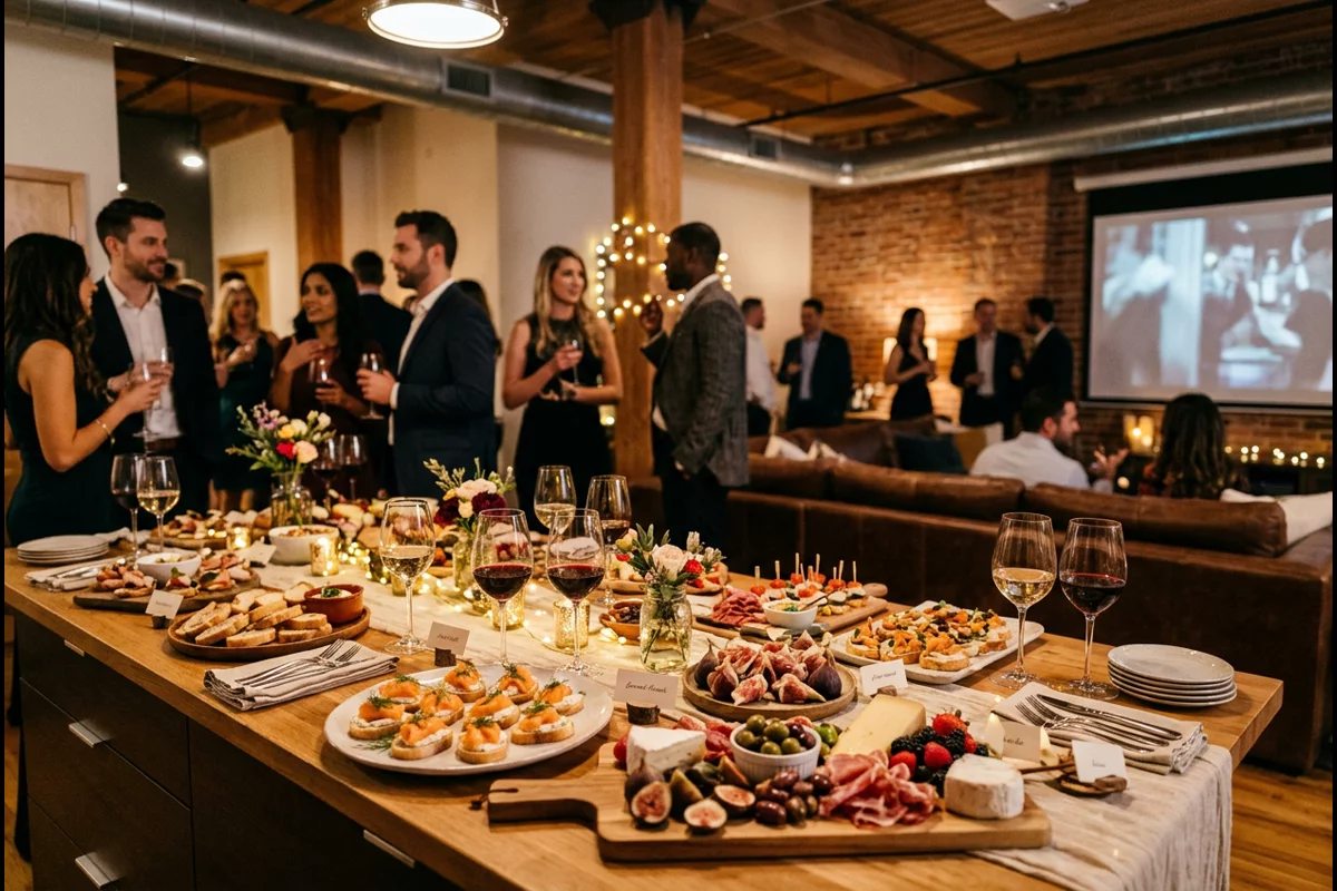 Upscale gourmet buffet spread with fine appetizers and wine glasses for party