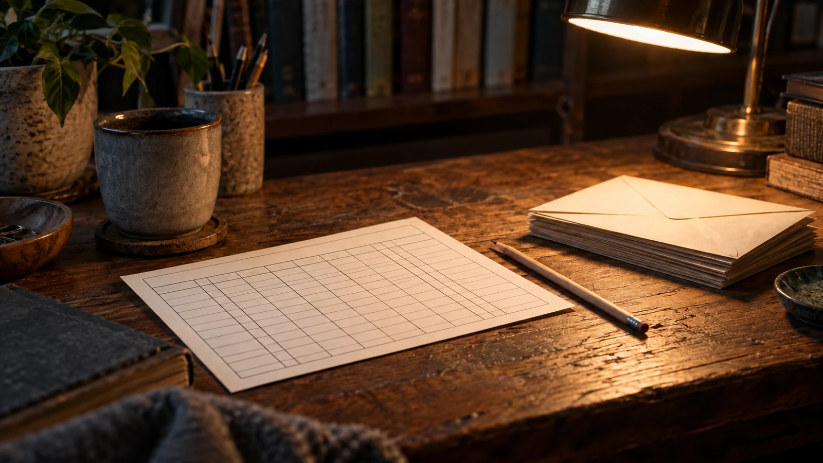 Desk with a blank printed scorecard, a pencil and a small stack of plain envelopes under warm lamp light during awards season