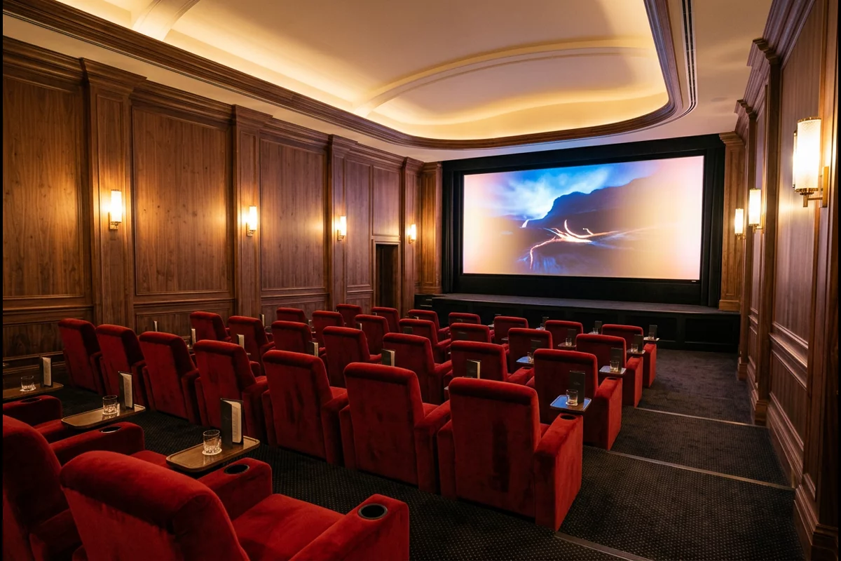 Private screening room theater with tiered red velvet armchairs and cinema screen