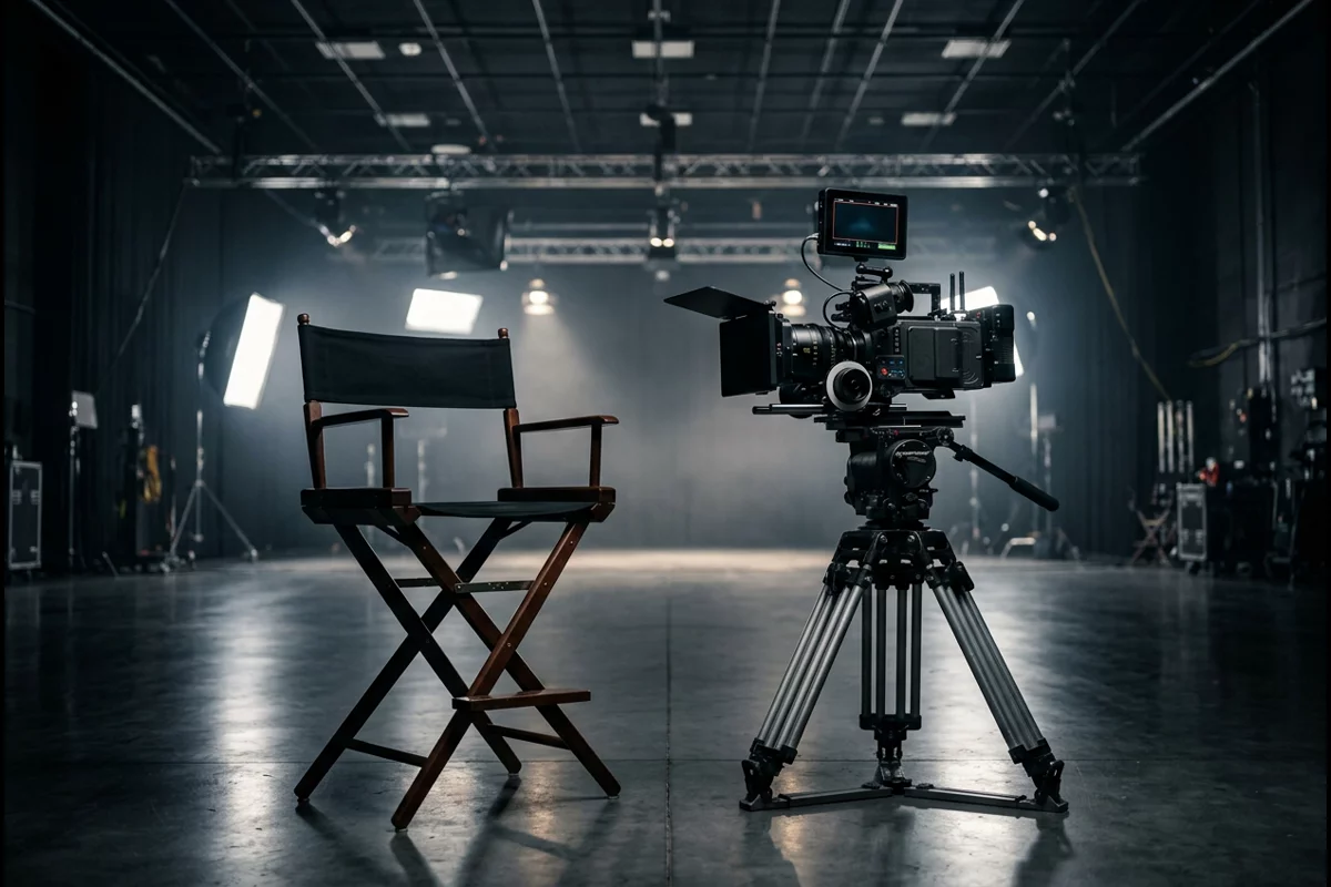Empty film directors chair beside professional cinema camera rig on soundstage