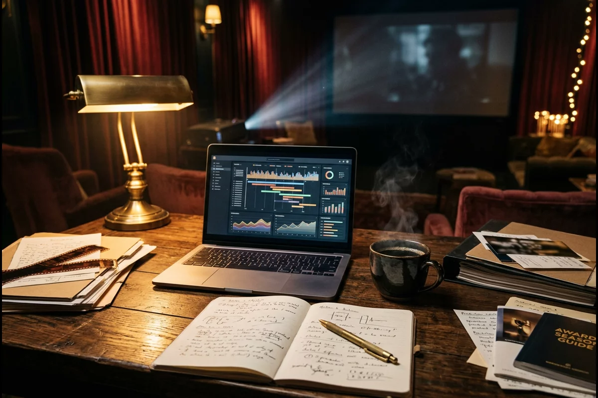 Film awards analyst wooden work desk with laptop and notes in screening lounge