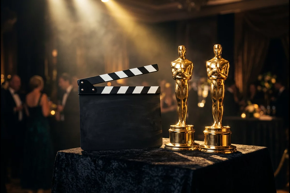 Golden award statuettes and film clapperboard on velvet pedestal under spotlight