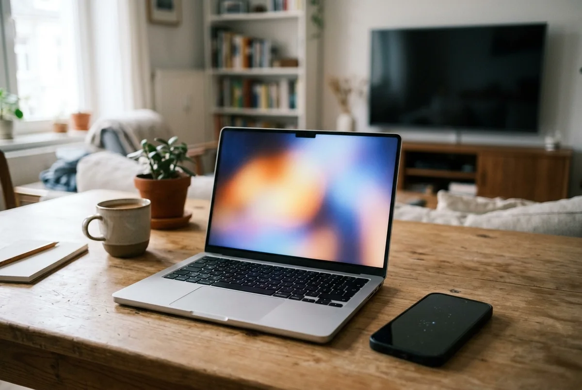 Laptop and dark-screen phone on a wooden table, with a television in the background