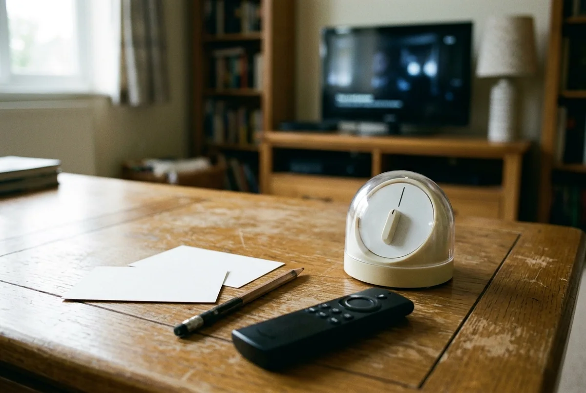 Plain timer, blank cards, pencil and remote on a wooden coffee table