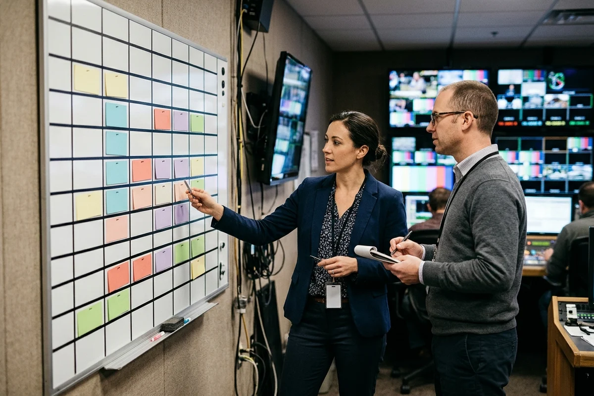 Two television network programming planners arranging unmarked color-coded program cards on a magnetic wall schedule board beside broadcast monitors