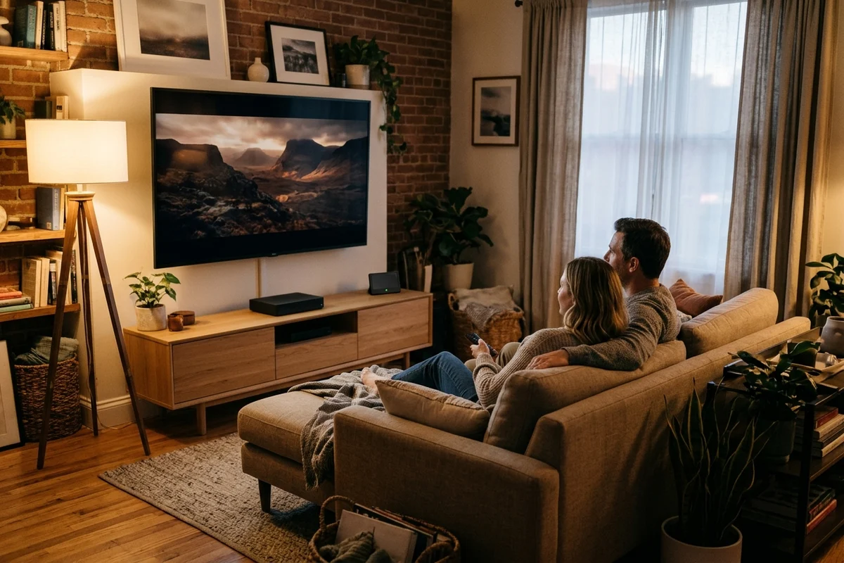 Viewers watching a wall-mounted smart television above a wooden media console holding an unbranded set-top box and a small digital clock