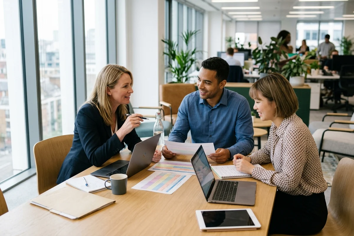 Media agency buyers and network account managers reviewing unmarked quarterly budget folders and cross-platform media plan worksheets at an office desk