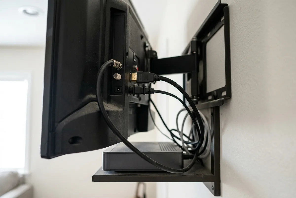 Rear connection panel of a wall-mounted television and cable receiver box with a threaded coaxial F-connector and braided HDMI cable
