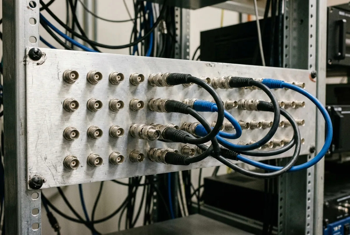 Brushed-aluminum rack-mount BNC coaxial patch bay panel with black and blue SDI jumper cables in a broadcast equipment room